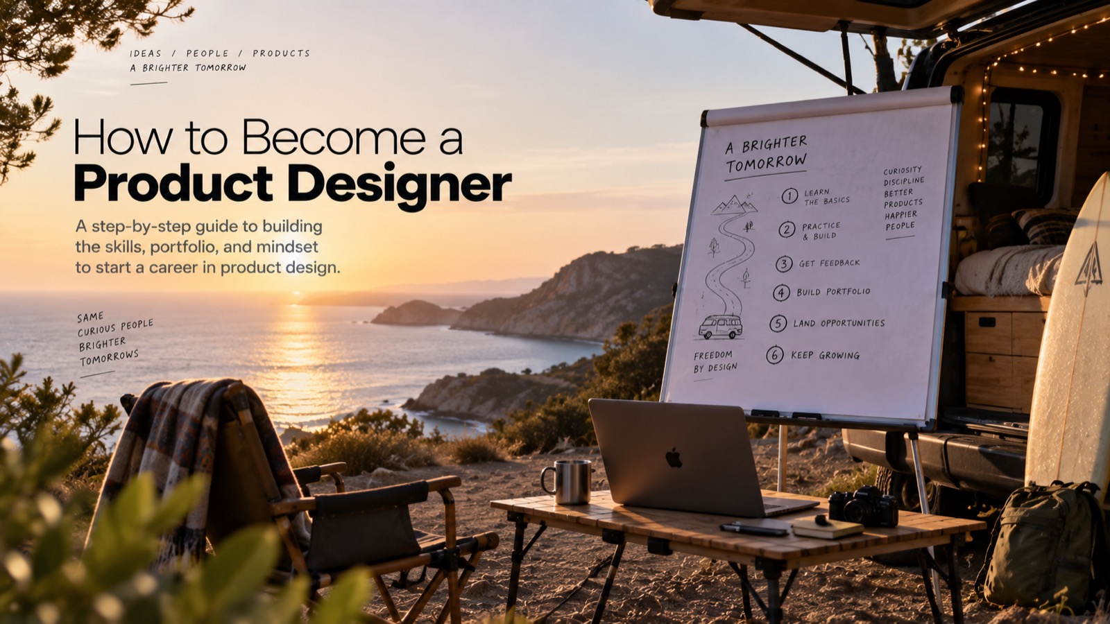 A laptop and a whiteboard titled “A brighter tomorrow” listing six steps — learn the basics, practice and build, get feedback, build a portfolio, land opportunities, keep growing — on a camp table beside a van, overlooking the sea at sunset