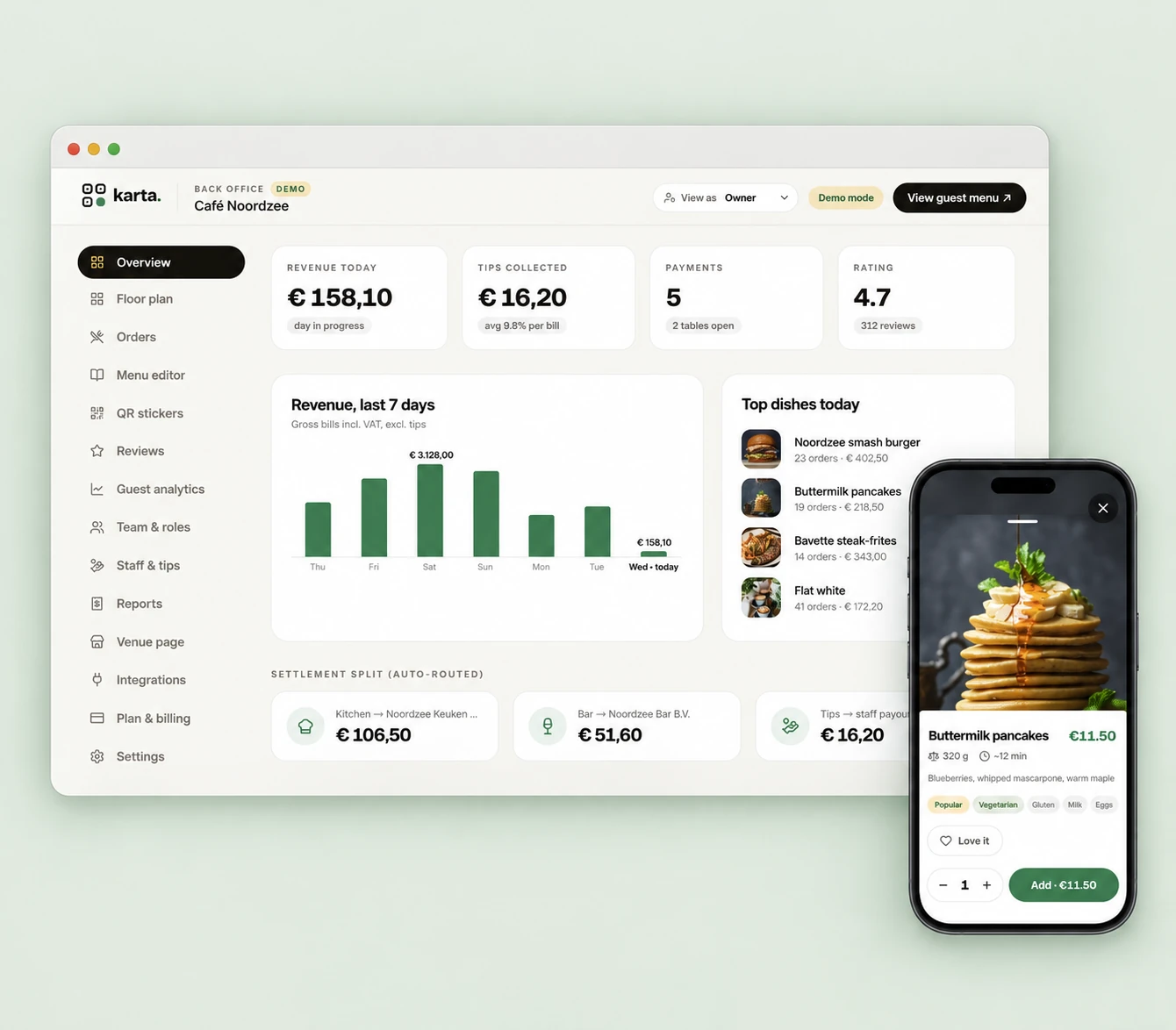 Karta restaurant dashboard with the guest pancake ordering screen on pale sage