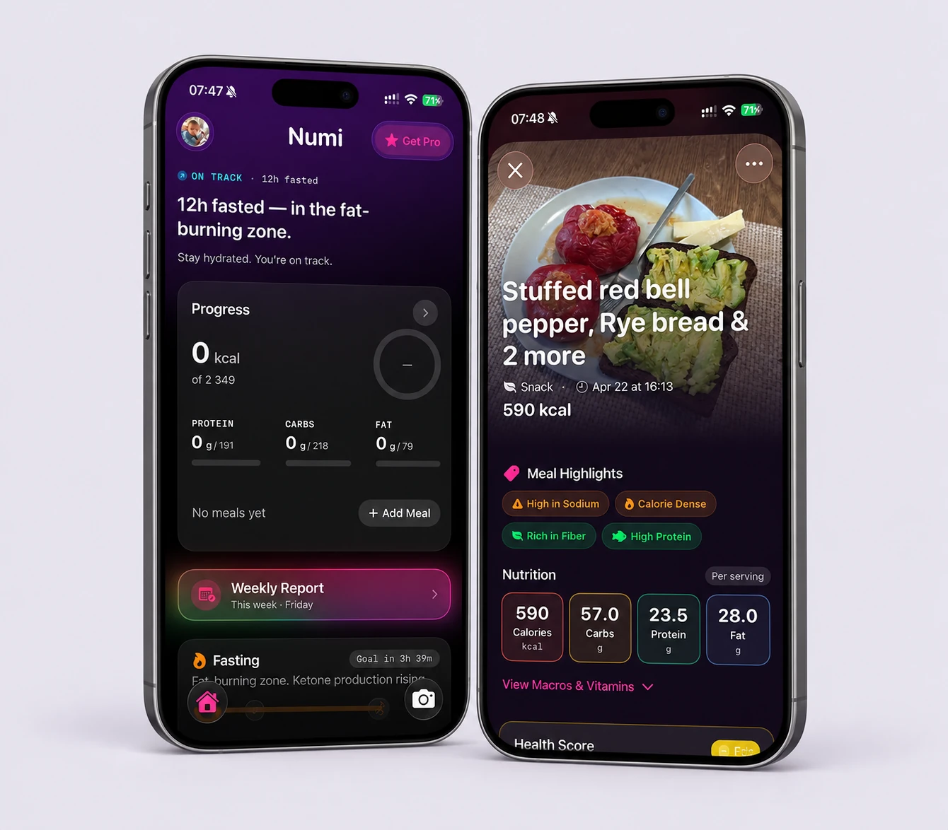 Numi home and photo-based meal analysis on two phones against pale lavender