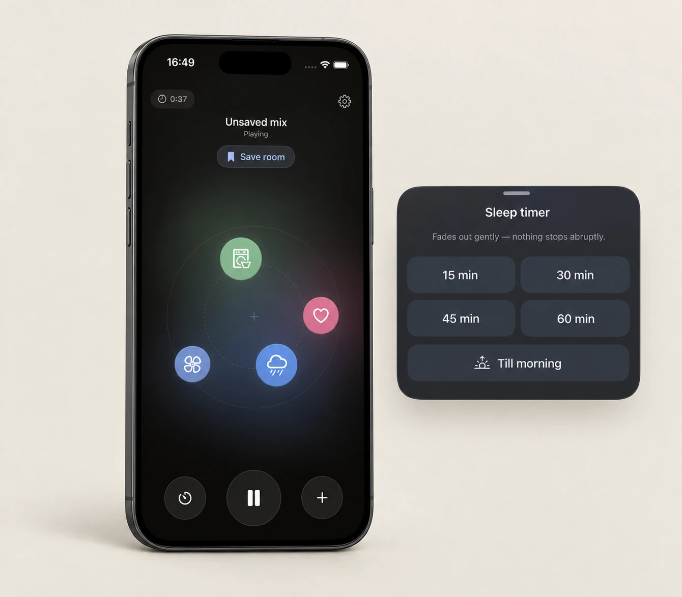 Tysha live sound mixer beside its fading sleep timer on a soft oatmeal background