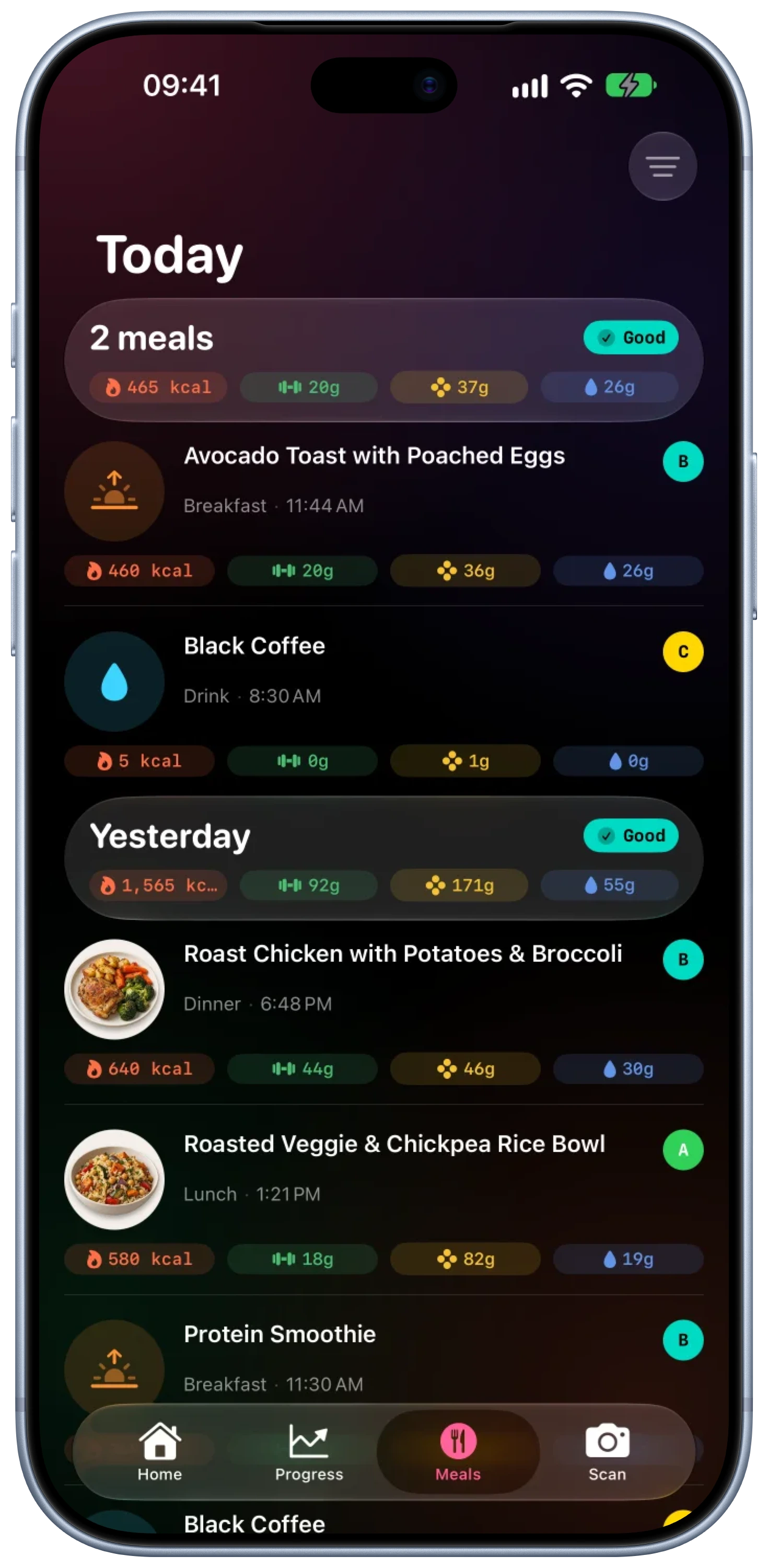 Numi meal history showing mock meals, calories, macros, times, and quality grades in an iPhone 18 Pro Max