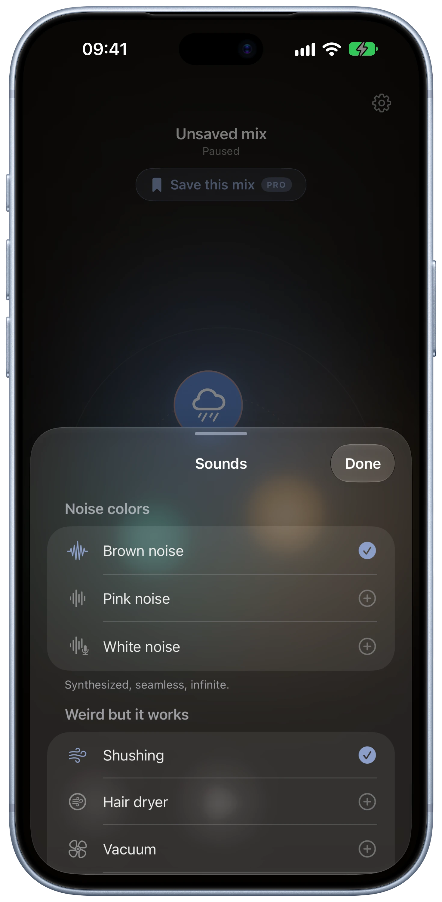 Tysha categorized sound library open over the mixer on iPhone