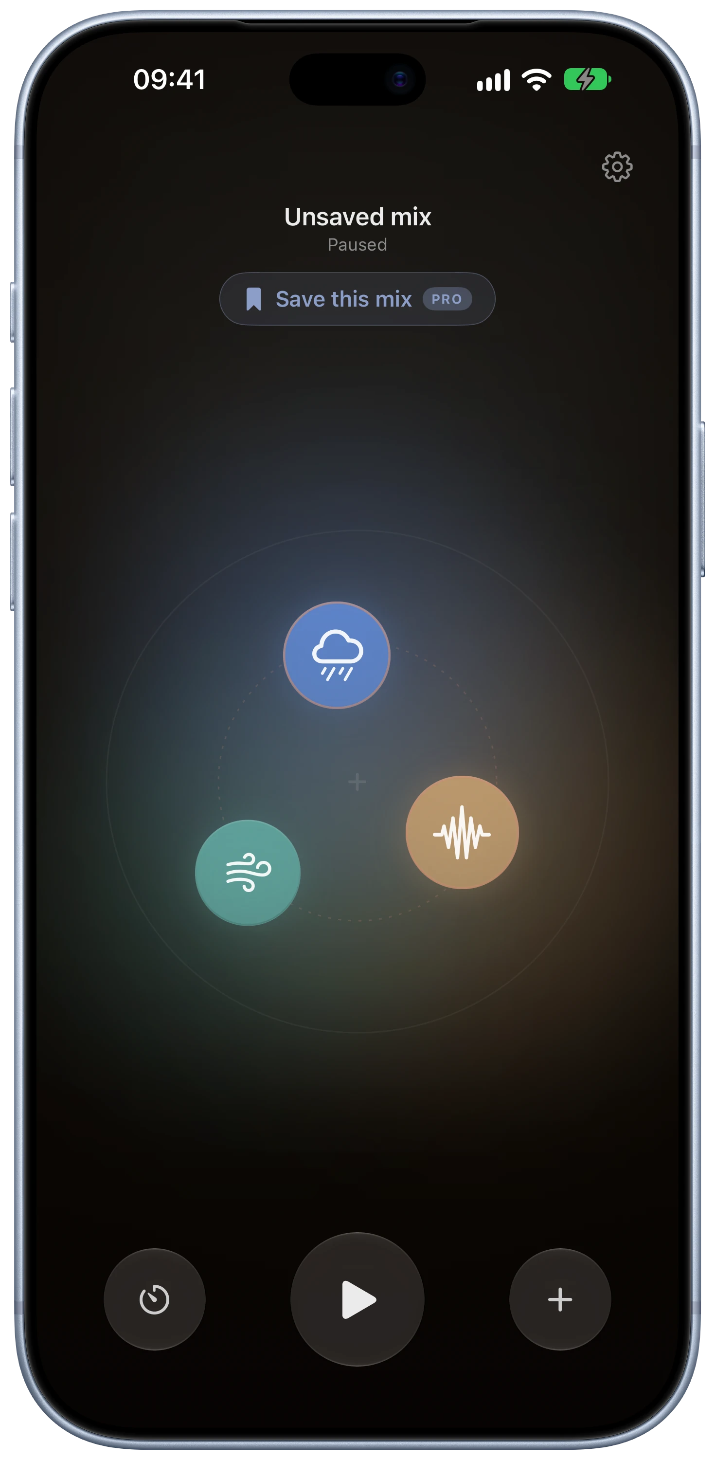 Tysha orbital sound mixer with brown noise, shushing, and soft rain on iPhone