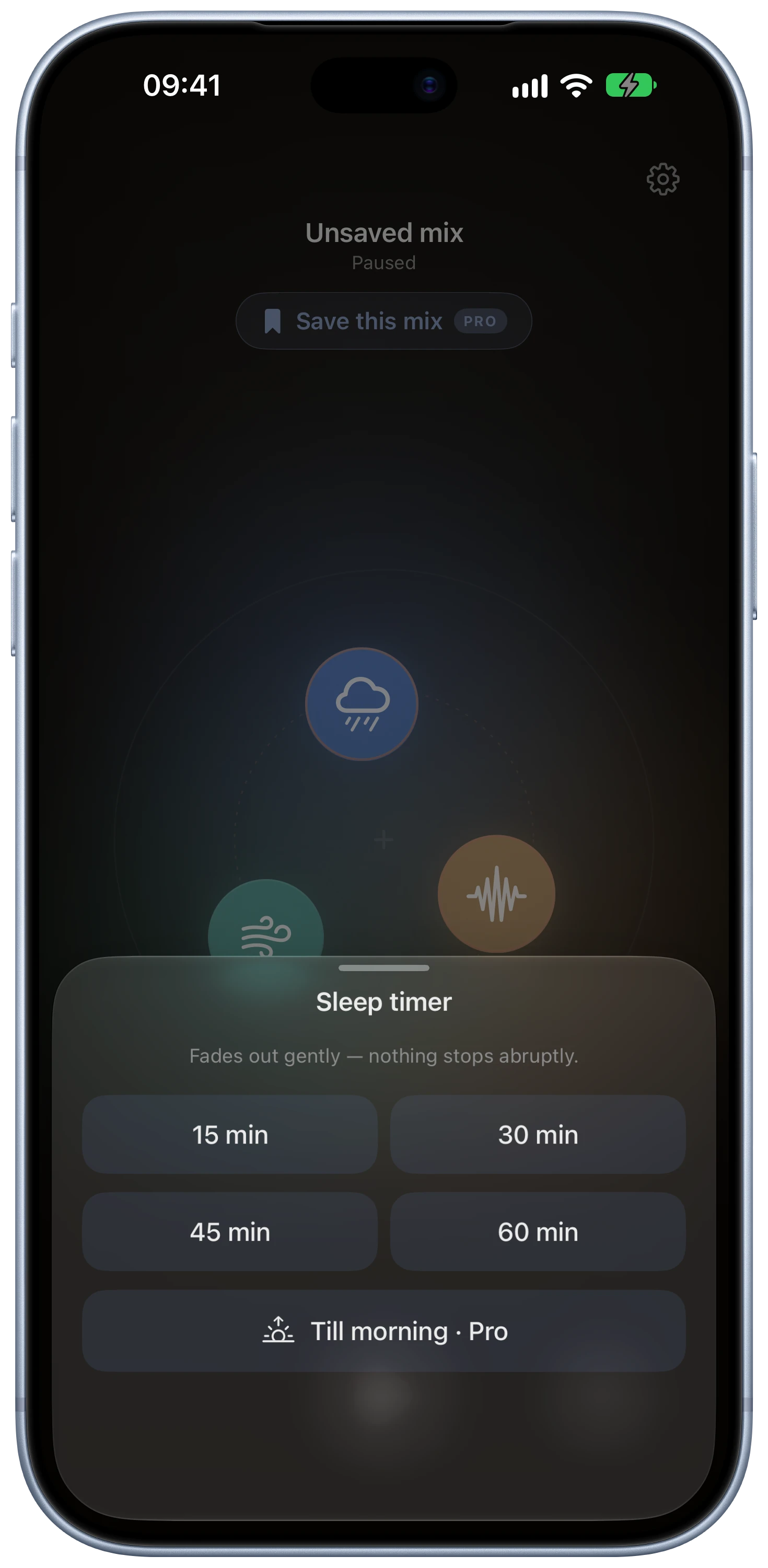 Tysha fading sleep timer open over a three-sound mix on iPhone